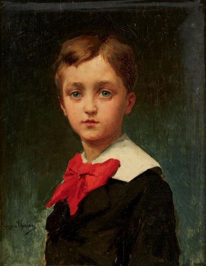 Eugène THIRION (1839-1910) 
Portrait de garçon au noeud rouge
Panneau
36 x 20 cm