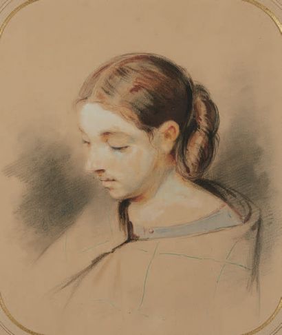École Française du XIXe siècle 
Portrait d'une jeune fille Crayon noir et aquarelle...