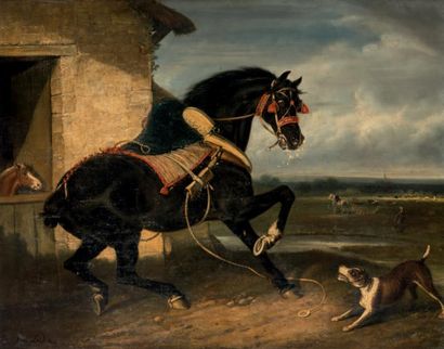 PHILIPPE LEDIEU (ACTIF VERS 1785 ET 1827) 
Cheval surpris par un chien
Toile 73 x...