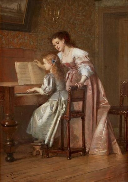 Charles PECRUS (1826-1907) 
La leçon de piano
Huile sur panneau signée en bas à gauche
31...