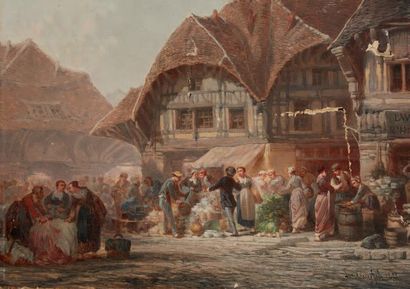 Léonard SAURFELT (1840 - ?) 
Scène de marché
Huile sur toile Signée en bas à droite...