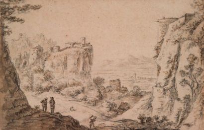 HERMAN SAFTLEVEN (ROTTERDAM 1610 - UTRECHT 1685) 
Un village de montagne
Pierre noire,...