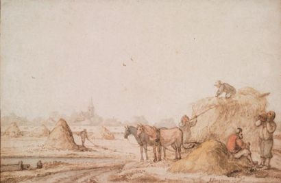 Anthonie van BORSSOM (Amsterdam 1631 - 1677) 
Paysans près d'un village
Plume et...