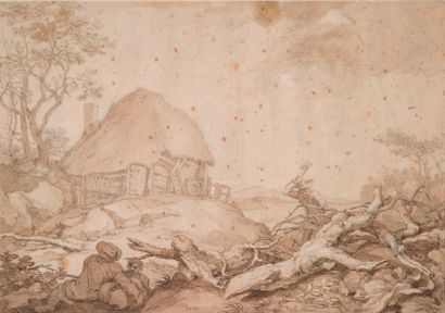 ABRAHAM BLOEMART (GORINCHEM 1564 - UTRECHT 1651) 
Voyageurs près d'une ferme
Plume...