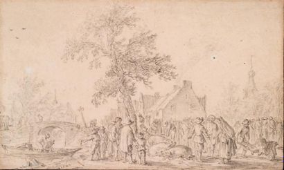 Jan Van GOYEN (Leyde 1596 - La Haye 1656) 
Le marché aux cochons
Pierre noire 17,6...