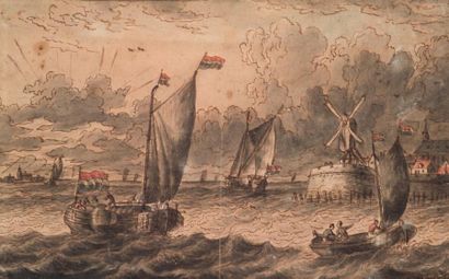 École HOLLANDAISE du XVIIe siècle Marine
Plume et encre brune, lavis gris et aquarelle...
