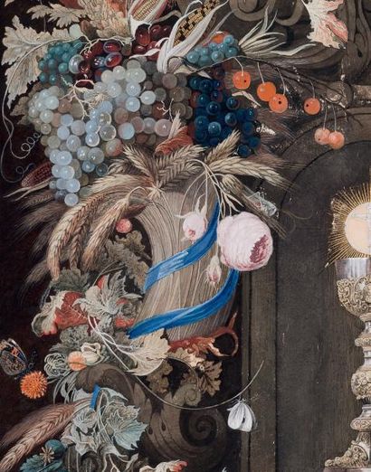 ECOLE ALLEMANDE VERS 1700-1720, Le Saint Sacrement dans une guirlande de fleurs
Gouache...