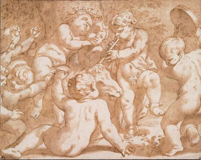 Domenico PIOLA (Gênes 1624 - 1703) 
Putti musiciens
Plume et encre brune, lavis brun
23...