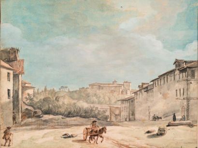 Ecole Italienne du XVIIIe siècle Vue d'un village traversé par une charrette
Aquarelle...