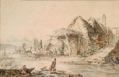 JEAN BAPTISTE HILAIRE (PARIS 1753 - 1822) 
La ferme au bord de la rivière
Plume et...