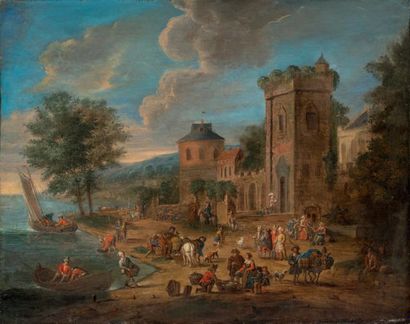 MATHYS SCHOEVAERDTS (BRUXELLES 1663 - 1703) 
Scène de marché devant une église
Scène...