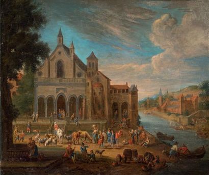 MATHYS SCHOEVAERDTS (BRUXELLES 1663 - 1703) 
Scène de marché devant une église
Scène...