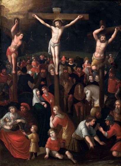ECOLE FLAMANDE DU XVIIE SIÈCLE, La crucifixion sur le Mont Golgotha
Cuivre
48 x 35,5...