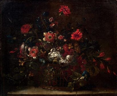 ATTRIBUÉ À NICOLAS BAUDESSON (1611- 1680) 
Panier de fleurs sur un entablement
Toile...