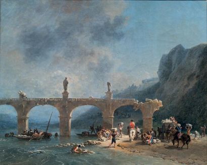 NICOLAS-ANTOINE TAUNAY (Paris 1755 - 1830) 
Vue du pont dit «de Jules César» en Sicile
Sur...