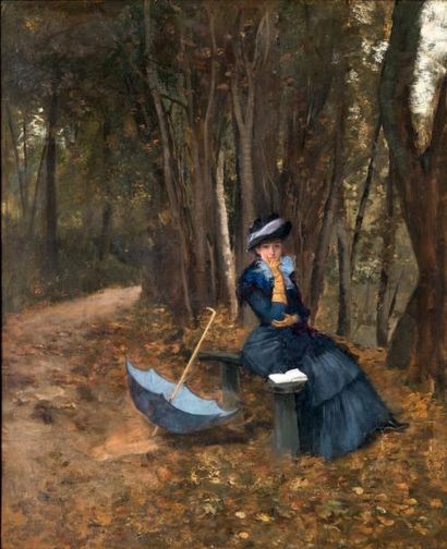 Ernest-Ange DUEZ (1843-1896) 
Portrait d'une jeune femme à l'ombrelle
Huile sur toile...