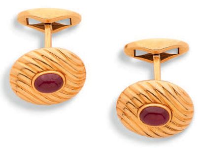 null PAIRE DE BOUTONS DE MANCHETTES de forme ovale en or jaune 18K (750) godronné...