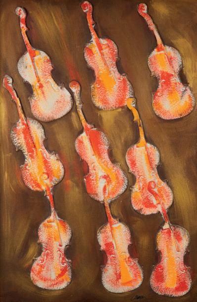 Fernandez ARMAN (1928-2005) 
Violons oranges
Huile et collage sur isorel, signée...