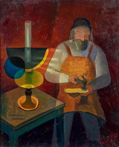 Louis TOFFOLI (1907-1999) 
Le sabotier à la lampe, 1973
Huile sur toile, signée en...