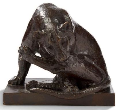 Georges Lucien GUYOT (1885-1973) 
Lionne se léchant la patte arrière
Bronze à patine...