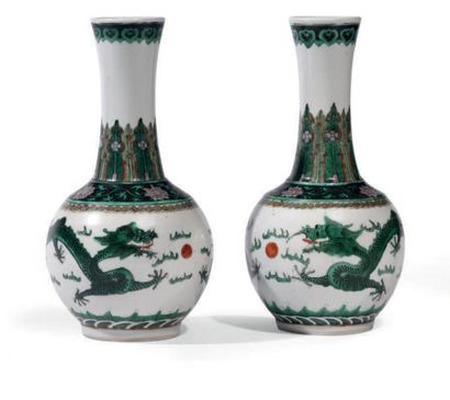 CHINE vers 1900 Paire de vases pansus à long col en porcelaine et émaux style famille...