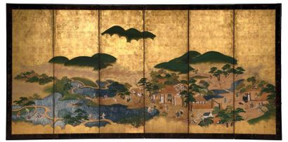 JAPON XVIIIe siècle Paravent à six feuilles sur papier à fond or, décoré en polychromie...