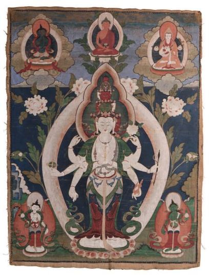TIBET XIXe siècle Thangka représentant Avalokitesvara sous sa forme Ekâdashamukha,...