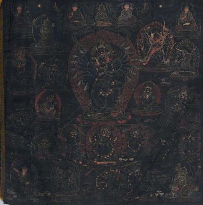 Tibet XVIIIe siècle Petit thangka sur textile, peint à l'or et rehauts de couleurs...