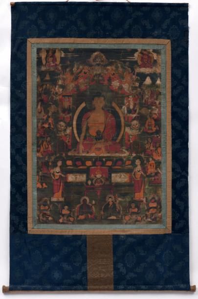 TIBET XVIIE SIÈCLE Thangka peinte en couleurs sur textile, représentant le Bouddha...