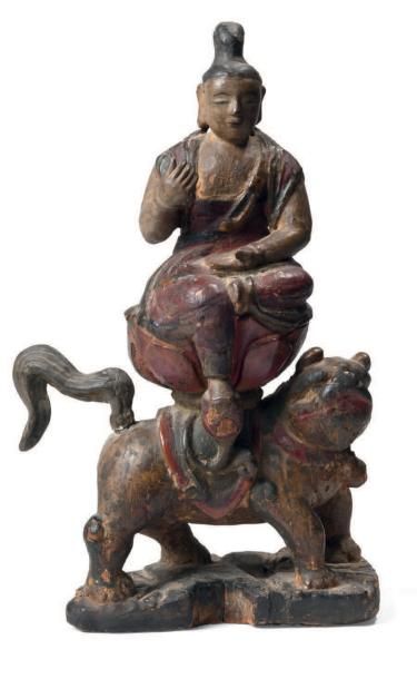 CHINE XVIIIe siècle Statuette en bois laqué représentant le dieu
Wenshu (Manjusri)...