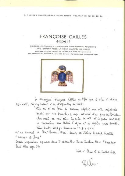 RENE BOIVIN Clip "moineau de Paris" en or jaune 18k (750) serti d'un important saphir...