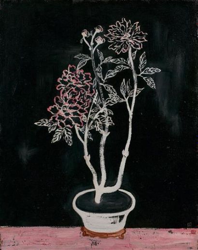 SANYU 常玉 (1901-1966) Pot de fleurs ou Pivoines , circa 1930《花盆与牡丹》约1930 Huile sur...