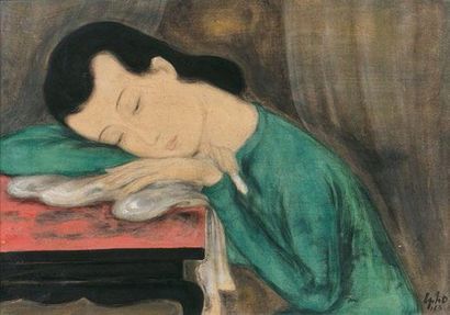 LE PHO 黎谱 (1907-2001) 
Jeune femme accoudée, 1943
Encre et couleurs sur soie, signée...