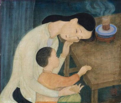 MAI TRUNG THU 梅忠恕(1906-1980) 
Devant l'autel
Encre et couleurs sur soie, signée en...