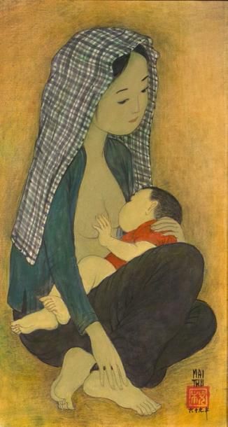 MAI TRUNG THU 梅忠恕(1906-1980) 
Mère et enfant, 1969
Gouache sur soie, signée et datée...