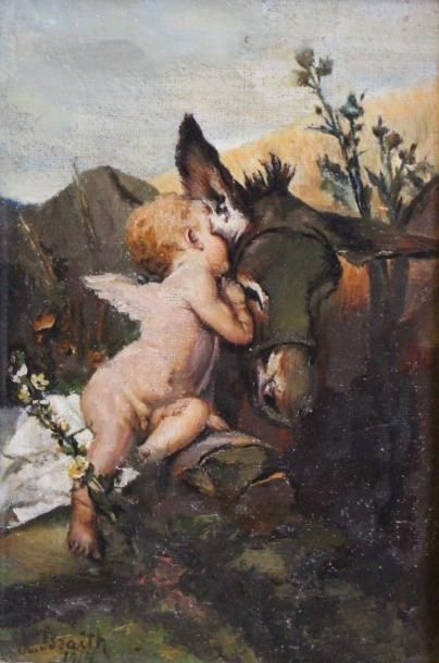 Anton BRAITH (1836-1905) Angelot parlant à l'âne

Huile sur toile maroufflée sur...