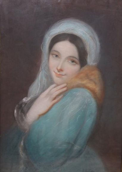 Ecole FRANCAISE de la fin du XIXème siècle Portrait de jeune femme au voile bleu...