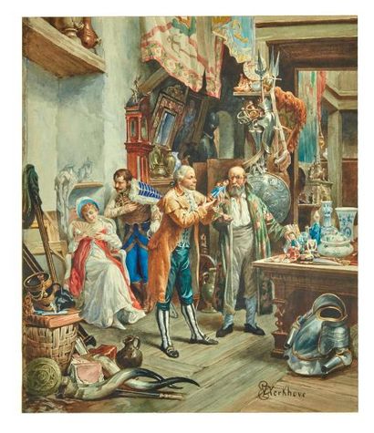 Jan VAN DE KERKHOVE (1822-1881) Chez l’antiquaire

Aquarelle signée

37 x 31 cm à...