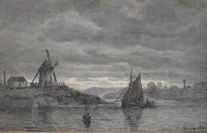 Michel Bouquet (1807-1890) Pêche au crépuscule

Encre et lavis sur papier, signée...