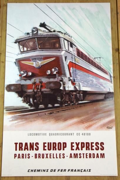 null S.N.C.F.
Ensemble de 7 affiches, ca 1960: Trains-auto-couchettes, Sports d'hiver...