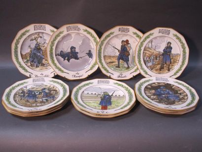 null LIMOGES, service de 12 assiettes à pans en porcelaine « La Grande Guerre » dessins...