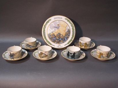 null LIMOGES, service à café de 6 tasses en porcelaine « La Grande Guerre » dessins...