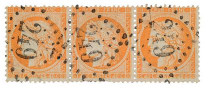 null N°38, 40c. orange, bande de 3 dont 2 timbres ‘'4 retouchés''.
Superbe. Rare