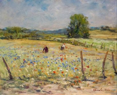 Emile Louis Auguste CHEVALIER-MILO (XIX-XX) 
Les champs fleuris
Huile sur panneau,...
