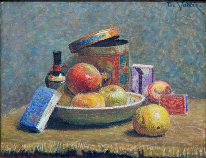 Ludovic VALLEE (1864-1939) 
Nature morte aux pommes
Huile sur toile, signée en haut...