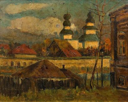 Piotr Ivanovitch Petrovitchev (1874-1947) 
Monastère Danilov
Huile sur toile, signée...