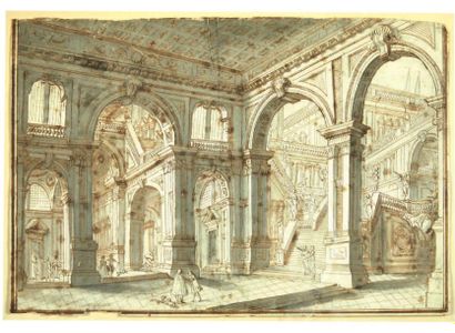 ATTRIBUÉ À GIUSEPPE GALLI-BIBENIA (1696-1757) 
L'entrée et le grand escalier d'un...
