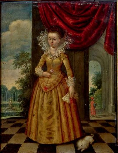 Ecole Flamande vers 1630 
Jeune princesse tenant une fleur à l'intérieur d'un palais
Cuivre...