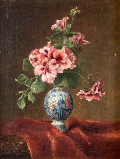ECOLE FIN XIXe SIÈCLE Vase chinoisant et roses
Huile sur toile, signée en bas à droite
40...