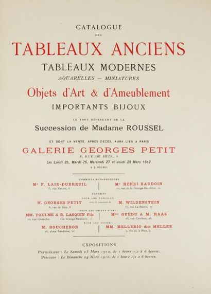  CATALOGUE DE VENTE. Collection de Madame Roussel. Tableaux anciens, objets d'art...
